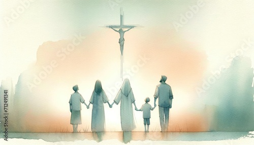  People holding hands and looking at the cross. Digital watercolor painting.
