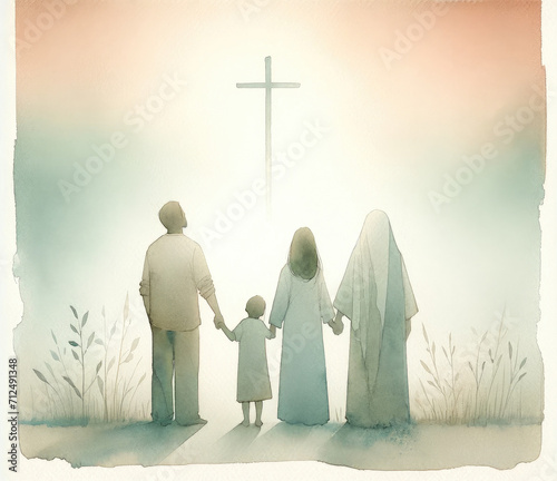  People holding hands and looking at the cross. Digital watercolor painting.
