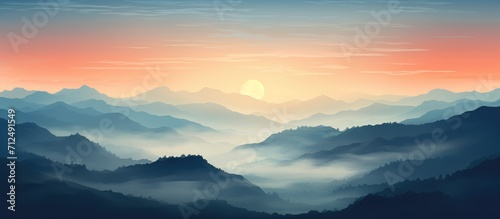 Enchanting silhouette of hills in misty sunset.