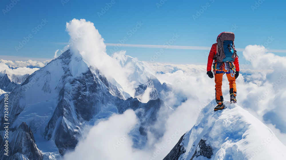 solo hiker; snowy mountain peak; horizon; high-altitude; winter landscape; mountaineering; trekking; adventure; exploration; solitude; scenic view; nature; panoramic beauty; wilderness; cold environme solo hiker; snowy mountain peak; horizon; high-altitude; winter landscape; mountaineering; trekking; adventure; exploration; solitude; scenic view; nature; panoramic beauty; wilderness; cold environme