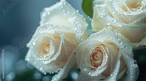Close up of white roses and water drops.