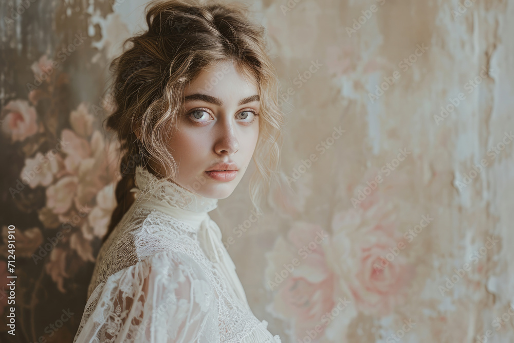Fototapeta premium Young woman in white dress with lace detail on the left , in the style of soft , muted color palette
