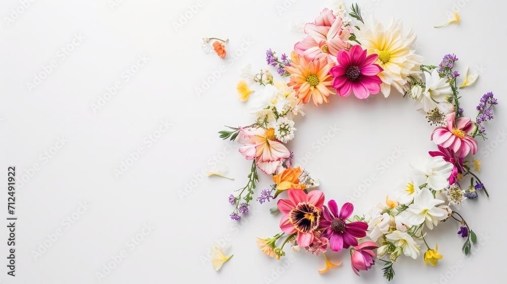 Flowers composition. Wreath made of various colorful flowers on white background. Easter, spring, summer concept. Flat lay, top view, copy space