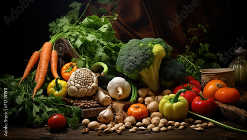 Fresh raw vegetable ingredients for healthy cooking or salad making with rustic wood board in center, top view, copy space.