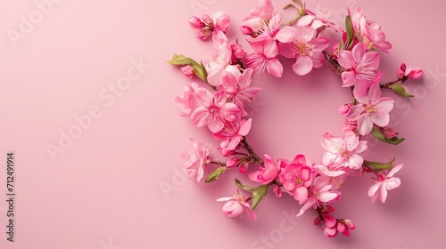 Flowers composition. Wreath made of pink flowers on pink background. Flat lay, top view, copy space © buraratn