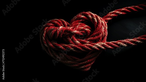 Embrace the Essence of Love with a Red Heart Tied in a Bundle Rope on a Stylish Black Background - Perfect for Romantic Concepts and Valentine's Day Designs