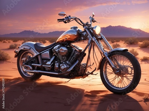 Dusk Rider s Revelation  A Mesmeric Chopper Motorbike in the Desert Twilight -AI Generated