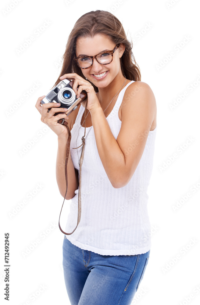 Photographer, happy woman and retro camera in studio for creative photoshoot, art blog and media production on white background. Portrait, journalist and photography for content creation of magazine Photographer, happy woman and retro camera in studio for creative photoshoot, art blog and media production on white background. Portrait, journalist and photography for content creation of magazine