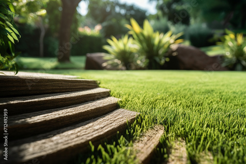 Natural Grass Turfs Rolling Over Inside Residential Backyard. Landscaping Industry Job 