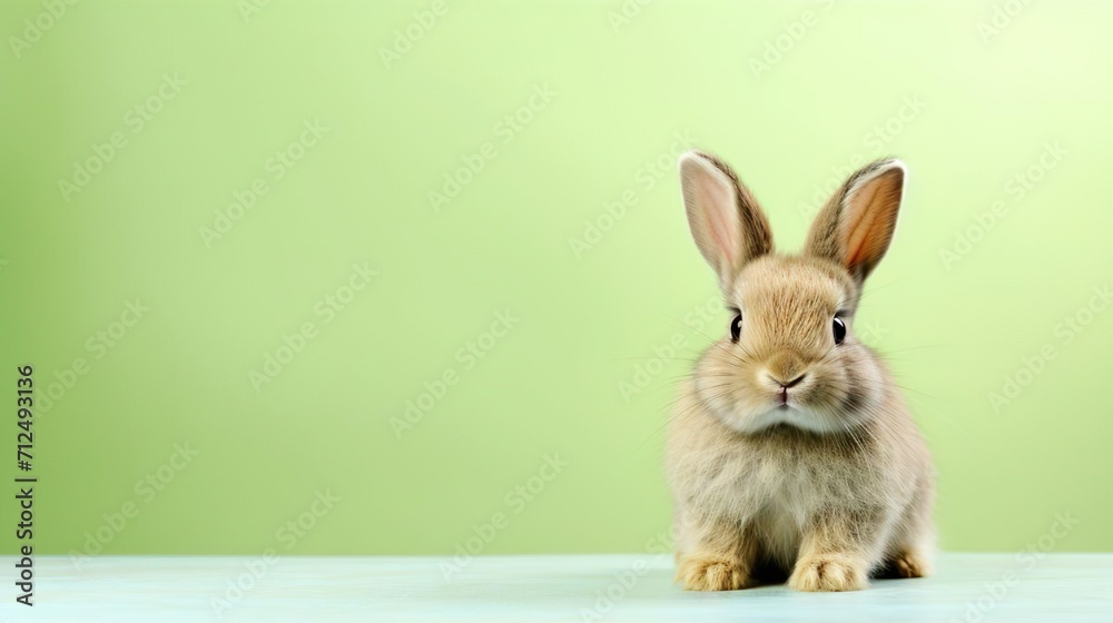 Fototapeta premium Cute Easter spring bunny rabbit on green background. Happy Easter holiday. Copy space.