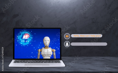 3D Rendering Artificial Intelligence technology of Chatbot software Assistant Conversation in Laptop monitor on dark gray table workspace background, illustration