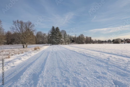 Winter Trees in Snowy Forest Landscape with Frosty Path and Blue Sky © MobbyStock