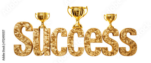 The word Success composed of golden trophies and medals isolated on a transparent background minimalist 