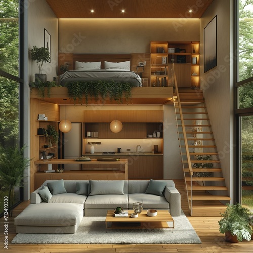 contemporary two-story studio apartment depicted in a cutaway view. The design is a harmonious blend of modern minimalism and cozy aesthetics.  