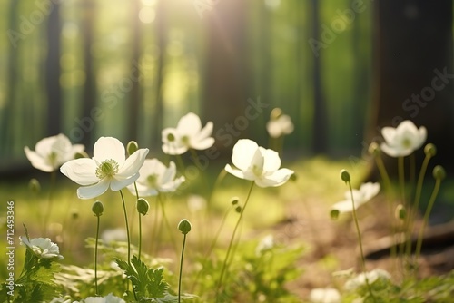 White anemone flowers in spring in forest illustration.