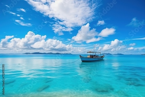 Boat in ocean against blue sky background illustration. © Alex