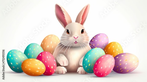 Lovely fluffy Easter bunny rabbit with decorated painted eggs. Happy Easter holiday.