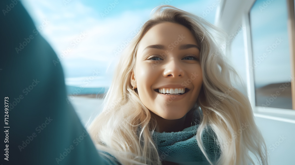 Happy blonde woman, taking selfie shot, motivation and wellness, peace and hope. Smile female, optimism , dream and success concepts Happy blonde woman, taking selfie shot, motivation and wellness, peace and hope. Smile female, optimism , dream and success concepts