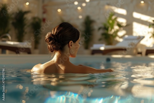 Sensual young woman relaxing in swimming pool at spa resort. Beauty and body care. Sexy girl is resting on vacation.
