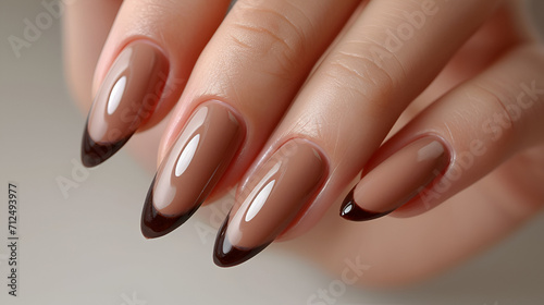 Glamour the woman s hand with classic black nail polish on her fingernails. Red nail manicure with gel polish at a luxury beauty salon. Nail art and design. Female hand model. French manicure.AI image
