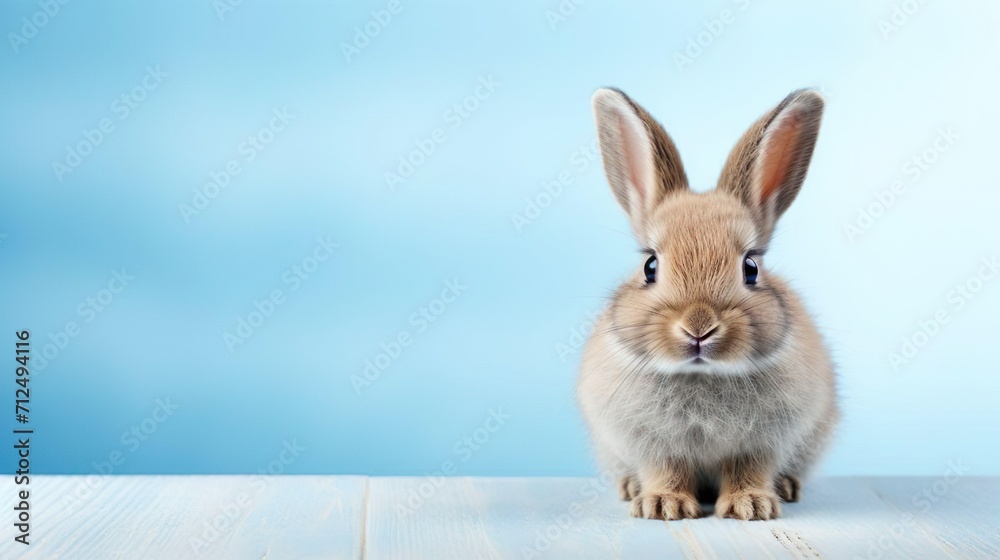 Obraz premium Cute Easter spring bunny rabbit on blue background. Happy Easter holiday. Copy space.
