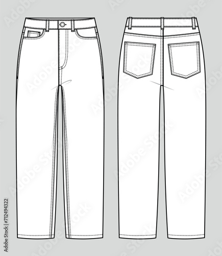 Baggy fit comfort jeans. High-waist regular fit trousers. Women's casual wear. Vector technical sketch. Mockup template.