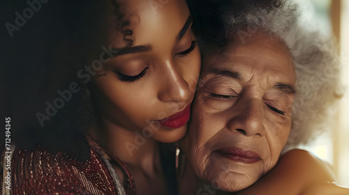 close-up adult daughter embracing black elderly mother at home, love care unconditional love concept photo