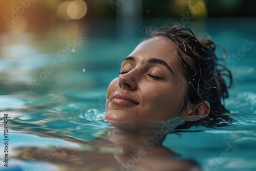 Portrait of a happy woman relaxing in swimming pool.