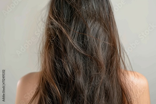 Hair distress Asian woman shows damaged, split ends, and unbrushed hair