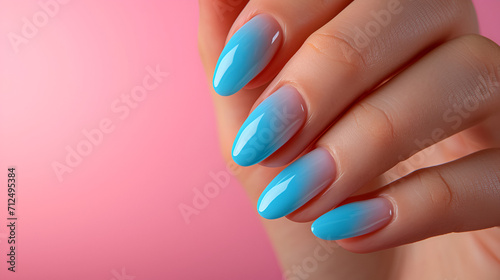 Glamour the woman s hand with classic blue nail polish on her fingernails. Red nail manicure with gel polish at a luxury beauty salon. Nail art and design. Female hand model. French manicure.AI image