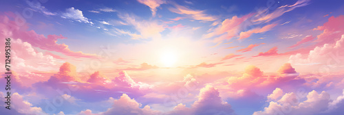 Heavenly sky. Sunset above the clouds abstract illustration. Extra wide format. Hope, divine, heavens concept. Hand edited generative