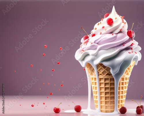 soft serve ice cream cone nut and cherry topping with copy space