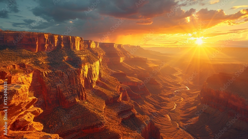 Towering cliffs overlooking a deep canyon, with the sun setting behind them, casting a warm, golden glow on the rugged landscape.
