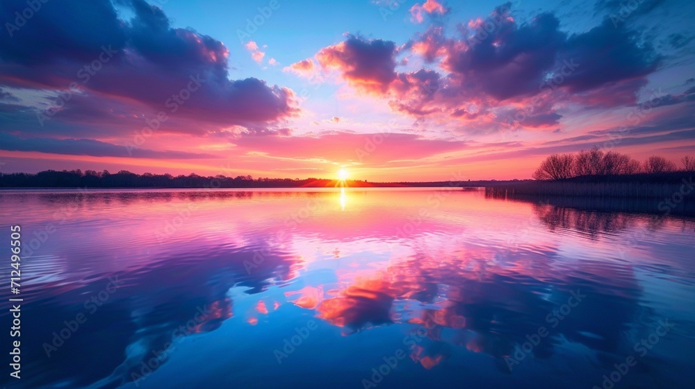 Captivating sunrise over a tranquil mountain lake, reflecting the vibrant hues of the sky in perfect harmony.