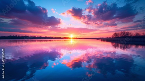 Captivating sunrise over a tranquil mountain lake, reflecting the vibrant hues of the sky in perfect harmony.