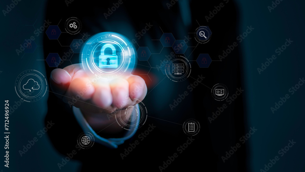 Fototapeta premium Lock. Cyber security. Padlock With Keyhole icon in hand. Protect and Security or Safe concept. Illustrates cyber data security or information privacy idea