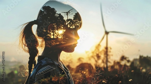 children and clean energy concept, light colors, Environmentally friendly installation of photovoltaic power plant and wind turbine farm situated by landfill background photo