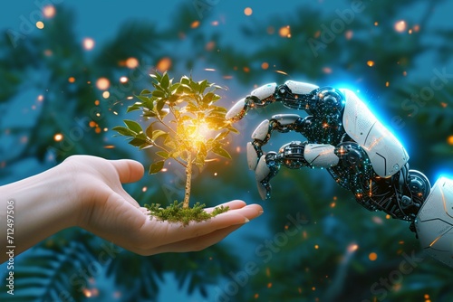 Symbiotic future Tree in human and robotic hands signifies harmony photo
