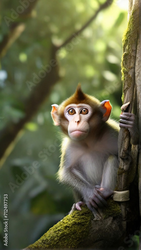 A monkey in a jungle sits on a branch