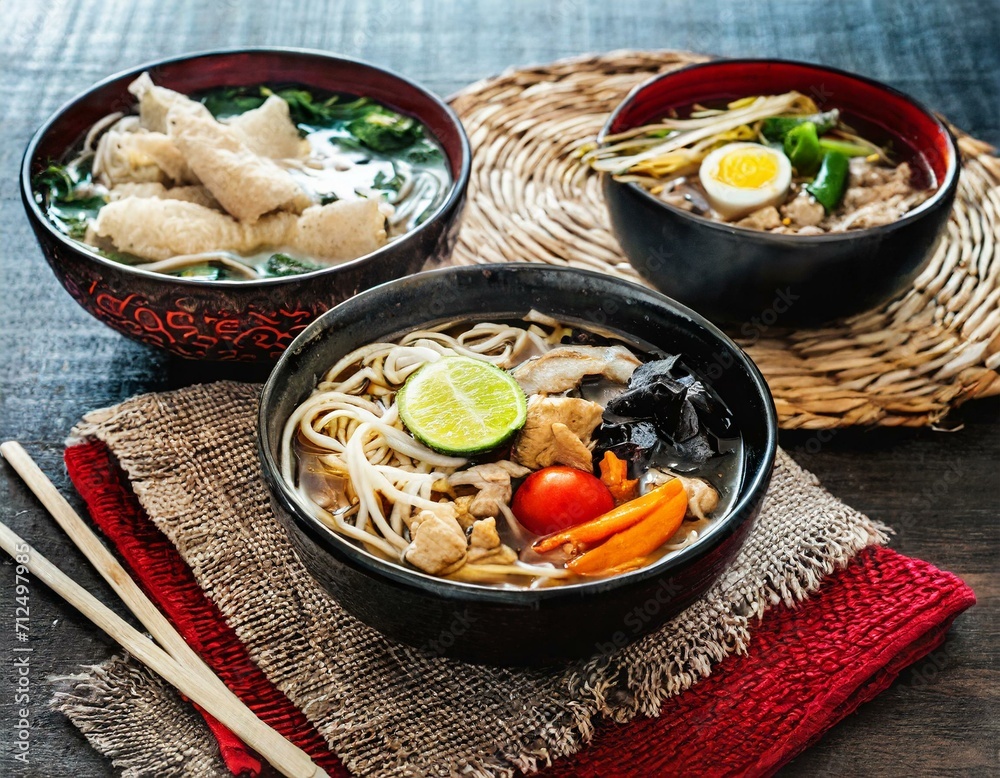 Bowls of Asian soup noodles and vegetables with Chopstick 