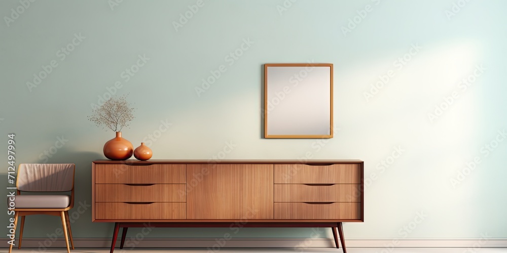 Modern living room with dresser and retro mirror on wall. Modern living room with dresser and retro mirror on wall.