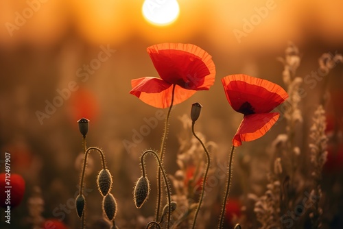 A field of red poppy flowers against a sunset background illustration.