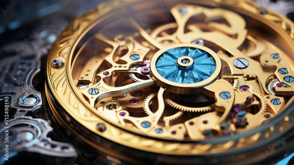 Close up of detailed gear and cogs moving inside of watch and clock engine. Wrist watch work mechanism.