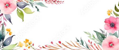 White background with flowers and leaves on the border. Illustration with space for copyright. 