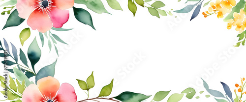 White background with border of flowers and leaves drawn in watercolor style. flower illustration. With space to write copyright.