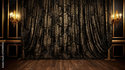 Dark theme photography studio backdrop with vintage chair and sofa, perfect for professional portrait and product shoots.