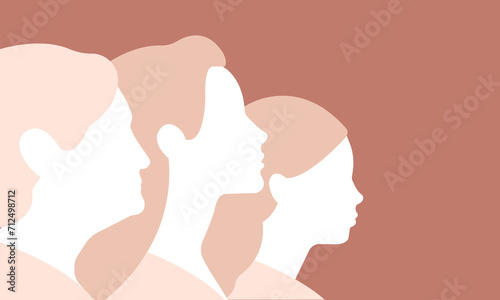 Life cycle of a woman from childhood to old age. Profile portraits of young girl, adult woman and old woman. Changes and growth throughout each stage of life.