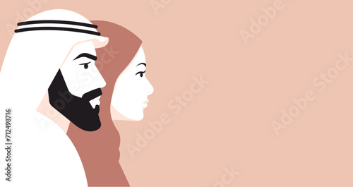 Profile portraits of an Arabian woman and man staying side by side. Eastern ethnic people head and shoulders side view portraits. Horizontal banner with blue background.