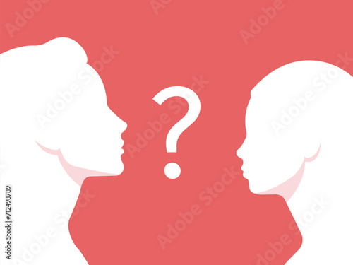 Side view portrait of a woman and girl gazing at each other. Question mark in between. Mom and daughter. Family problems, single parent and different generations issues. Pink backdrop.