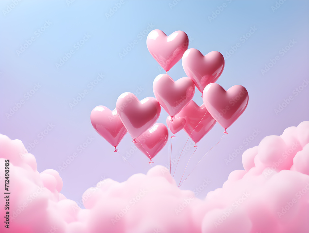 Pink Heart Balloons Soaring into a Pastel Blue Sky